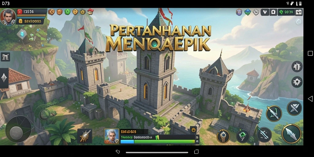 Screenshot gameplay D73 menunjukkan serangan menara yang memukau.
