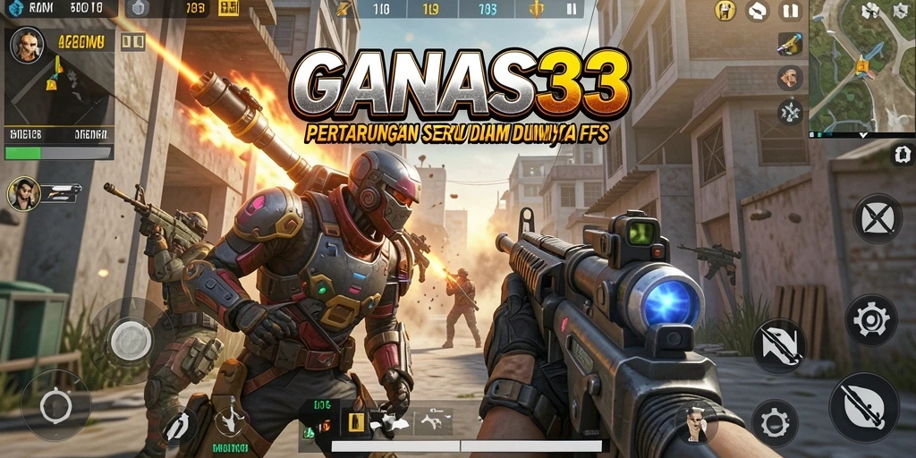 Screenshot utama GANAS33 menampilkan aksi tembak-menembak yang mendebarkan.