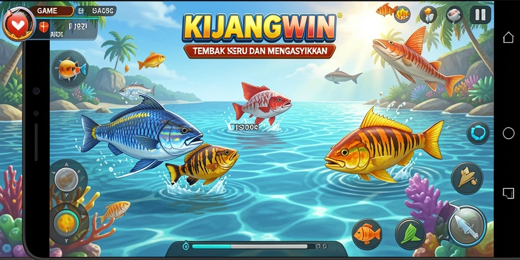 Gameplay seru KIJANGWIN dengan ikan berwarna-warni yang bisa ditembak.