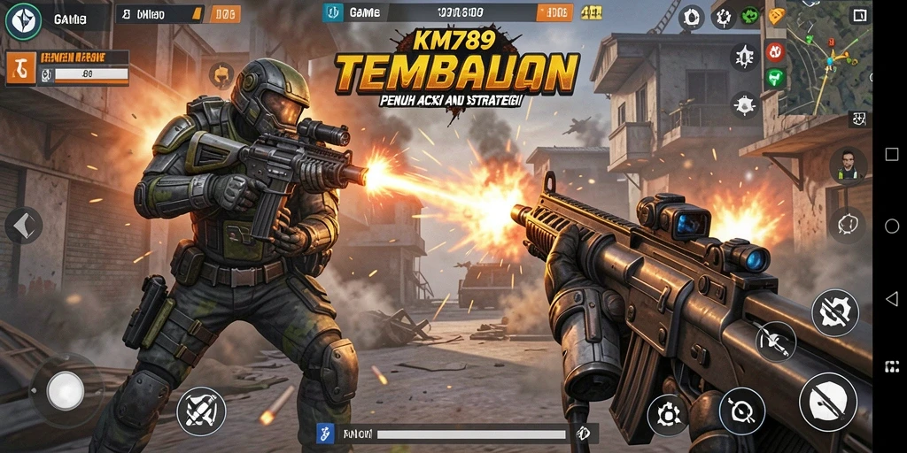 Screenshot utama KM789 menampilkan aksi intens dalam pertempuran TPS.