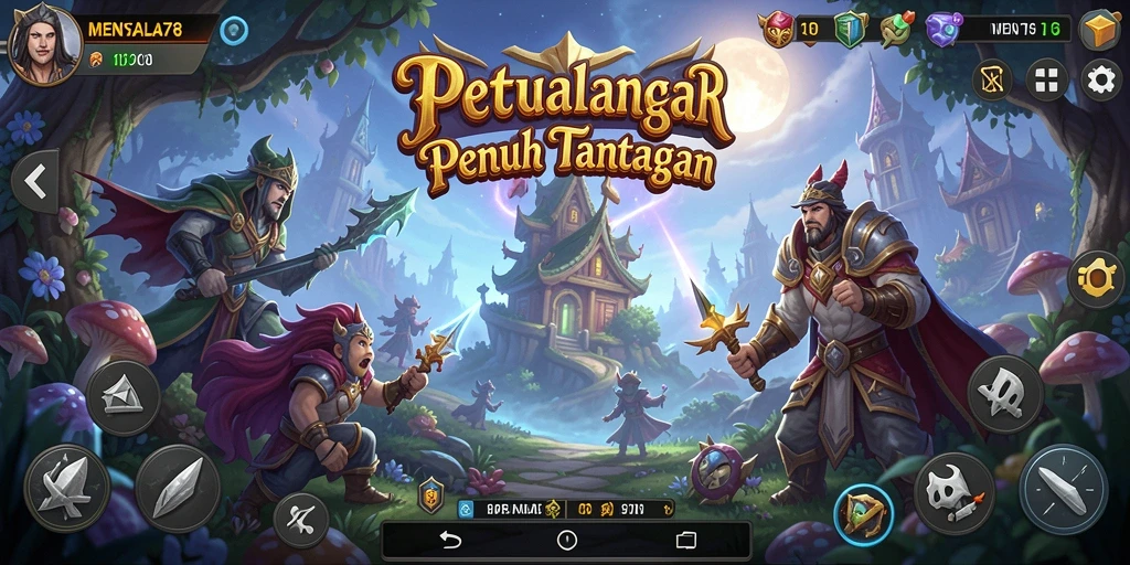 Gameplay MENYALA78 dengan karakter menjelajahi dunia fantasi.