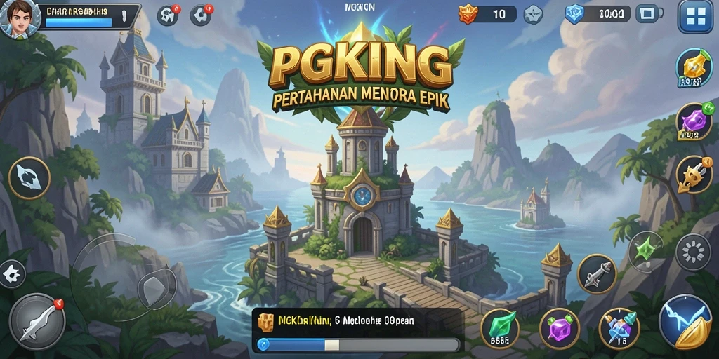 Screenshot PGKING menampilkan menara bertahan menghadapi gelombang musuh.