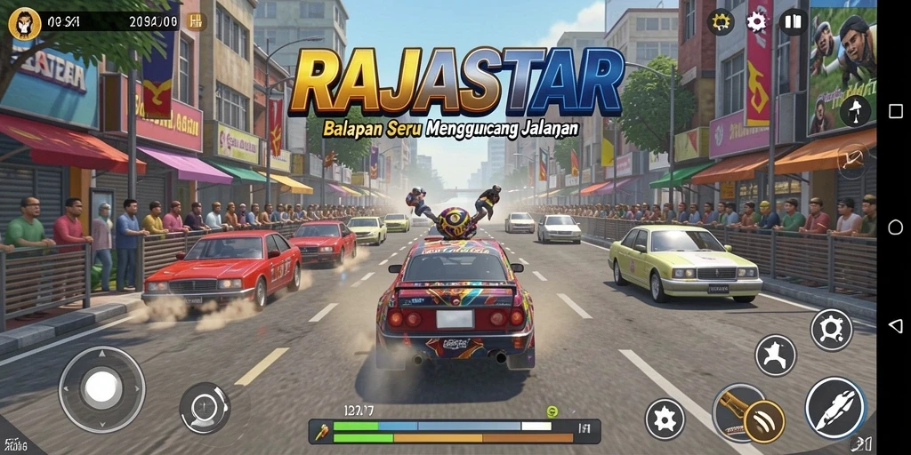 Tangkapan layar gameplay RAJASTAR menunjukkan aksi balapan yang mendebarkan.