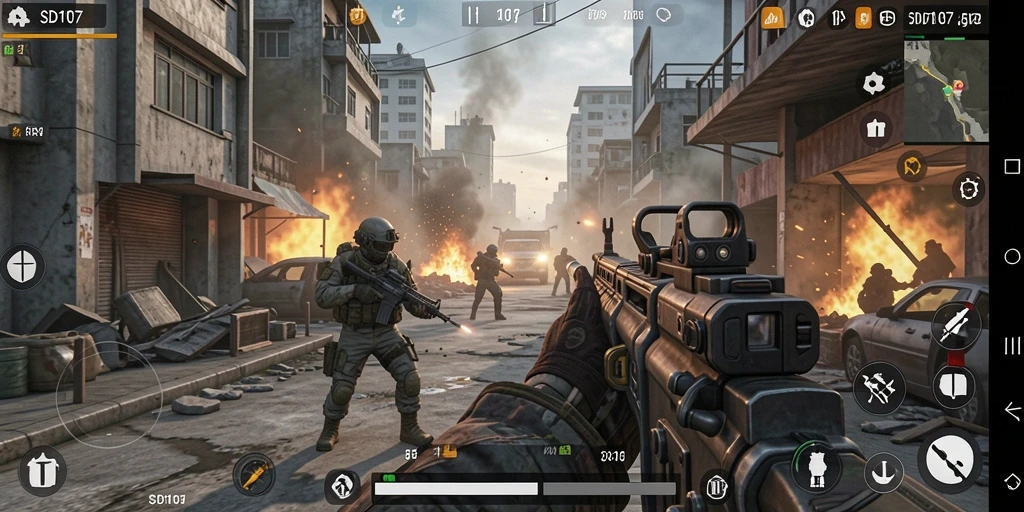 Screenshot gameplay <strong>SD107</strong> menampilkan aksi pertempuran yang mendebarkan.